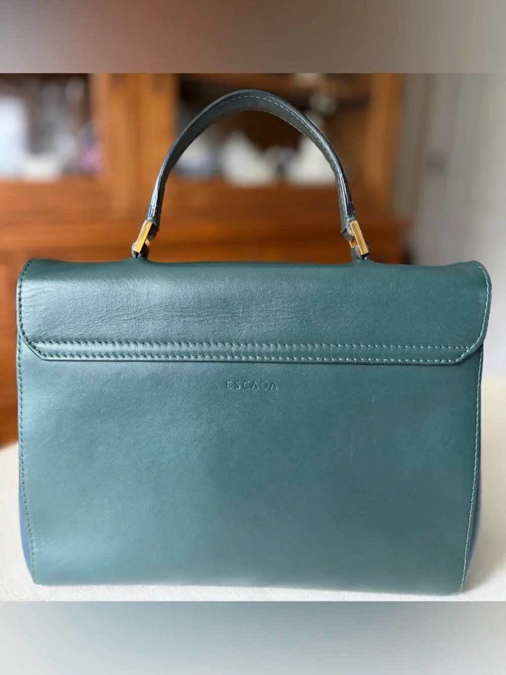VNTG Escada Green Leather Top-Handle Shoulder Strap Bag Gold Hardware Italy 🇮🇹